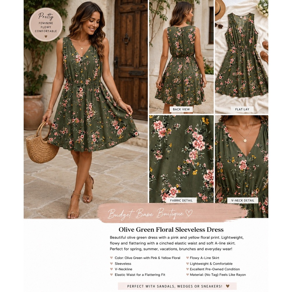 Old Navy Olive Green Floral Sleeveless V-Neck Elastic Waist A-Line Dress Large